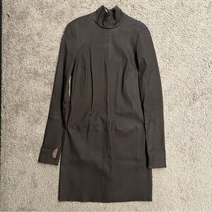 $1195 Helmut Lang Brown LS Leather Sheath Mini Dress size 8